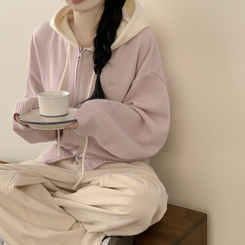 투웨이 펜던트 와펜 루즈핏 배색 니트 후드집업 핑크