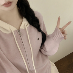 투웨이 펜던트 와펜 루즈핏 배색 니트 후드집업 핑크