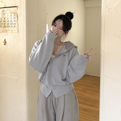 투웨이 펜던트 와펜 루즈핏 배색 니트 후드집업 소라