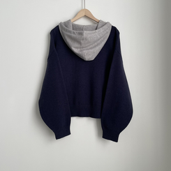 투웨이 펜던트 와펜 루즈핏 배색 니트 후드집업