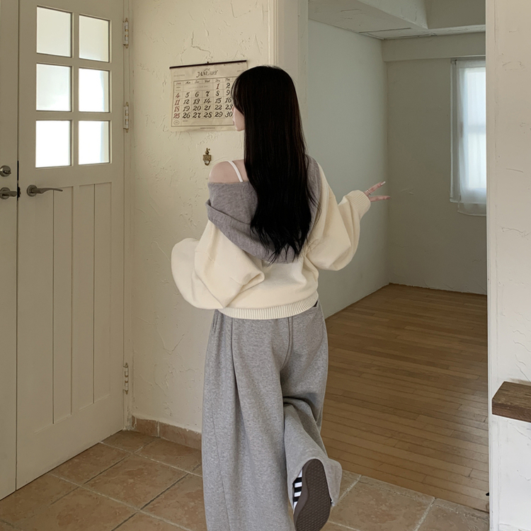 투웨이 펜던트 와펜 루즈핏 배색 니트 후드집업 아이보리