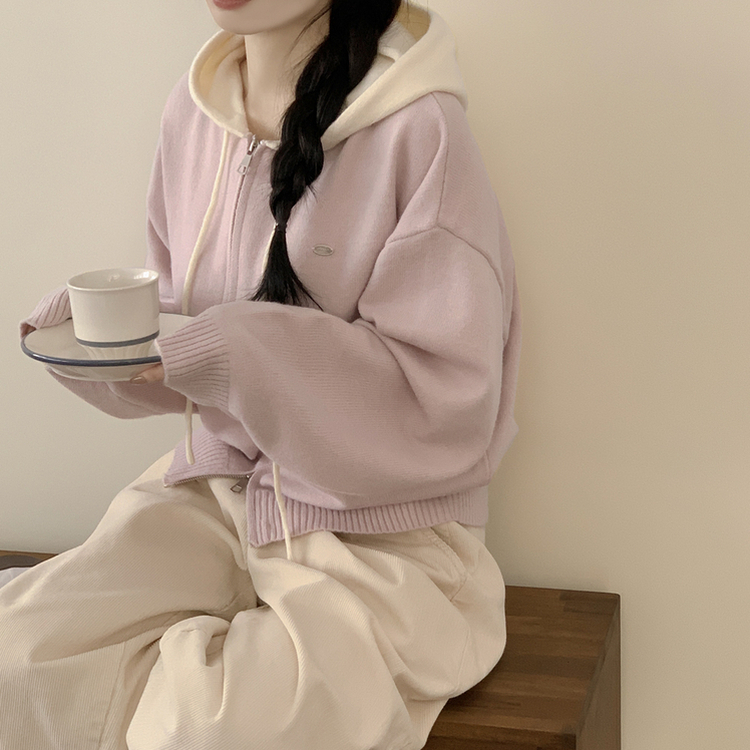 투웨이 펜던트 와펜 루즈핏 배색 니트 후드집업 핑크