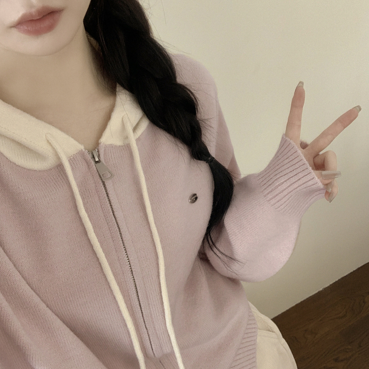 투웨이 펜던트 와펜 루즈핏 배색 니트 후드집업 핑크