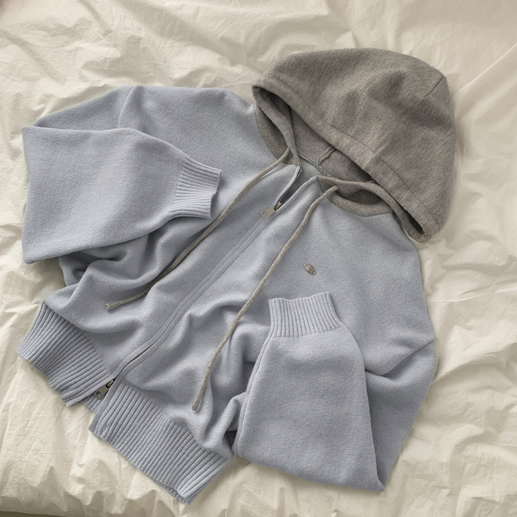 투웨이 펜던트 와펜 루즈핏 배색 니트 후드집업