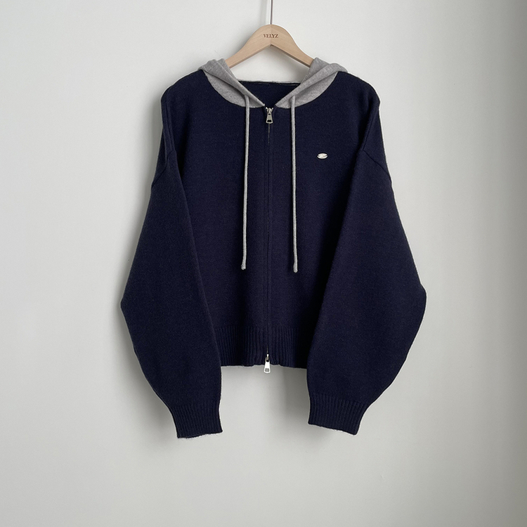 투웨이 펜던트 와펜 루즈핏 배색 니트 후드집업