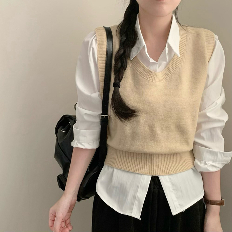 자수 포인트 유넥 조끼 레이어드 긴팔 셔츠 세트 하객룩 봄 봄옷 수학여행 벚꽃 가을 가을옷 상의