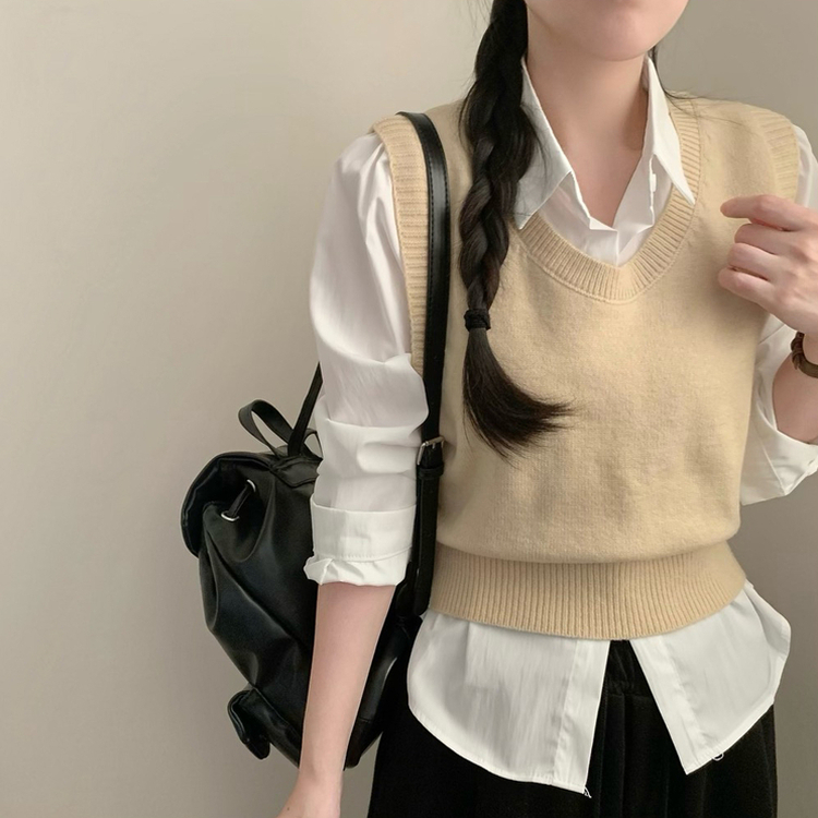 자수 포인트 유넥 조끼 레이어드 긴팔 셔츠 세트 하객룩 봄 봄옷 수학여행 벚꽃 가을 가을옷 상의