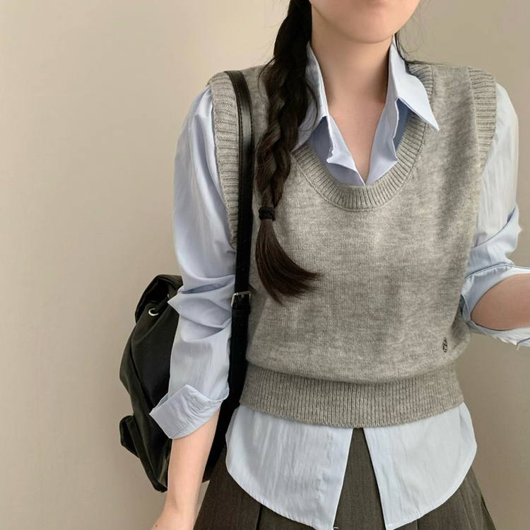 자수 포인트 유넥 조끼 레이어드 긴팔 셔츠 세트 하객룩 봄 봄옷 수학여행 벚꽃 가을 가을옷 상의