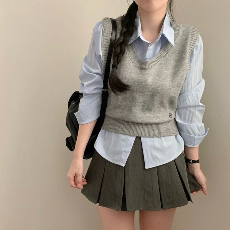 자수 포인트 유넥 조끼 레이어드 긴팔 셔츠 세트 하객룩 봄 봄옷 수학여행 벚꽃 가을 가을옷 상의