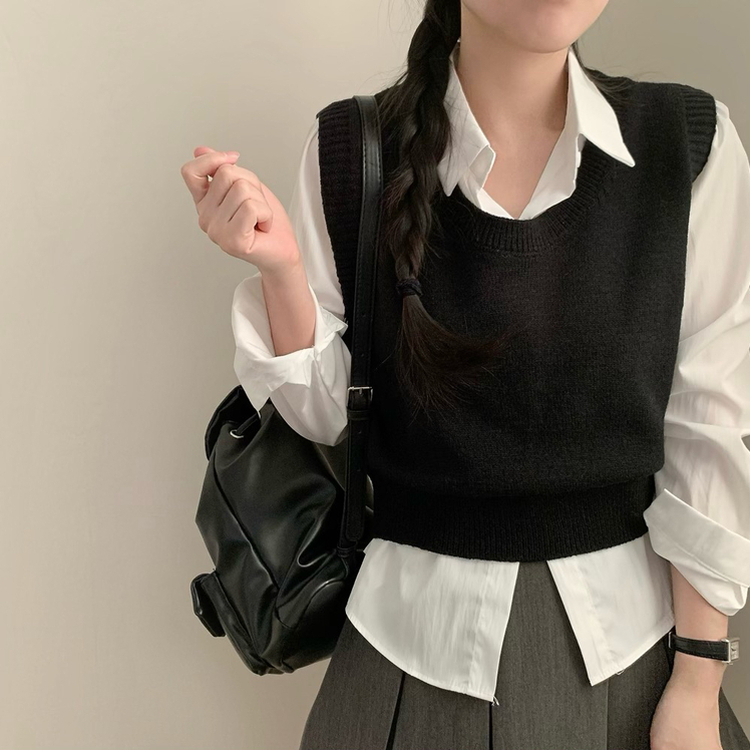 자수 포인트 유넥 조끼 레이어드 긴팔 셔츠 세트 하객룩 봄 봄옷 수학여행 벚꽃 가을 가을옷 상의