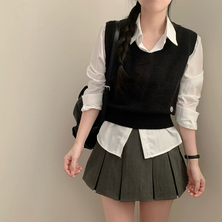 자수 포인트 유넥 조끼 레이어드 긴팔 셔츠 세트 하객룩 봄 봄옷 수학여행 벚꽃 가을 가을옷 상의