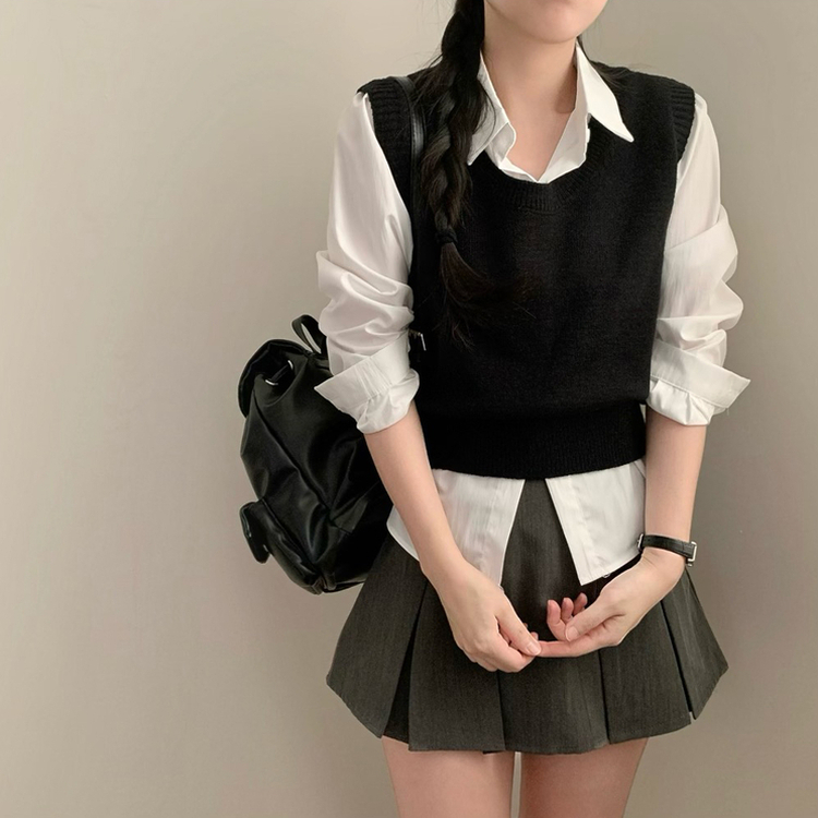 자수 포인트 유넥 조끼 레이어드 긴팔 셔츠 세트 하객룩 봄 봄옷 수학여행 벚꽃 가을 가을옷 상의