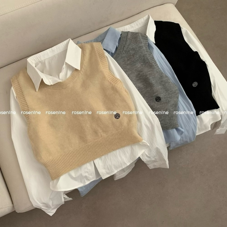 자수 포인트 유넥 조끼 레이어드 긴팔 셔츠 세트 하객룩 봄 봄옷 수학여행 벚꽃 가을 가을옷 상의