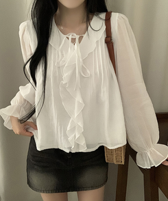 フリルリボンシフォンブラウス WHITE