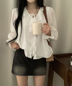 フリルリボンシフォンブラウス WHITE