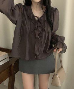 フリルリボンシフォンブラウス CHESTNUT BROWN