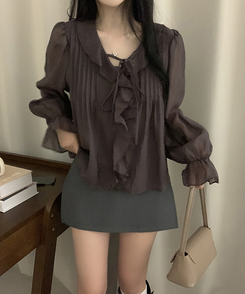 フリルリボンシフォンブラウス CHESTNUT BROWN