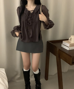 フリルリボンシフォンブラウス CHESTNUT BROWN