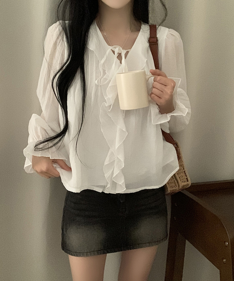 フリルリボンシフォンブラウス WHITE