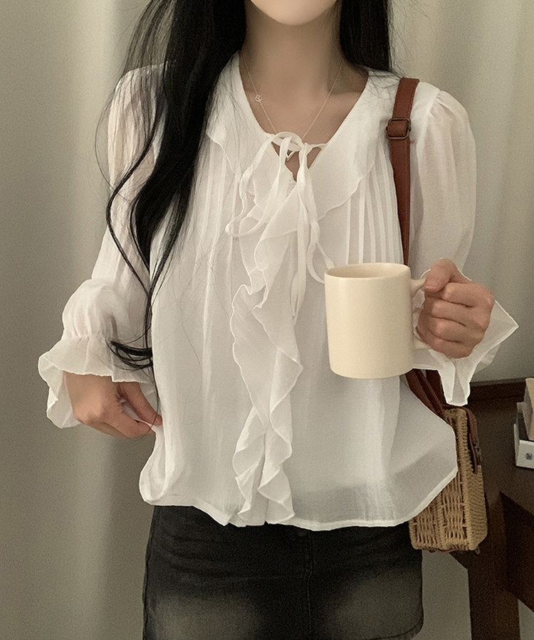 フリルリボンシフォンブラウス WHITE