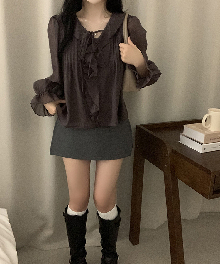 フリルリボンシフォンブラウス CHESTNUT BROWN