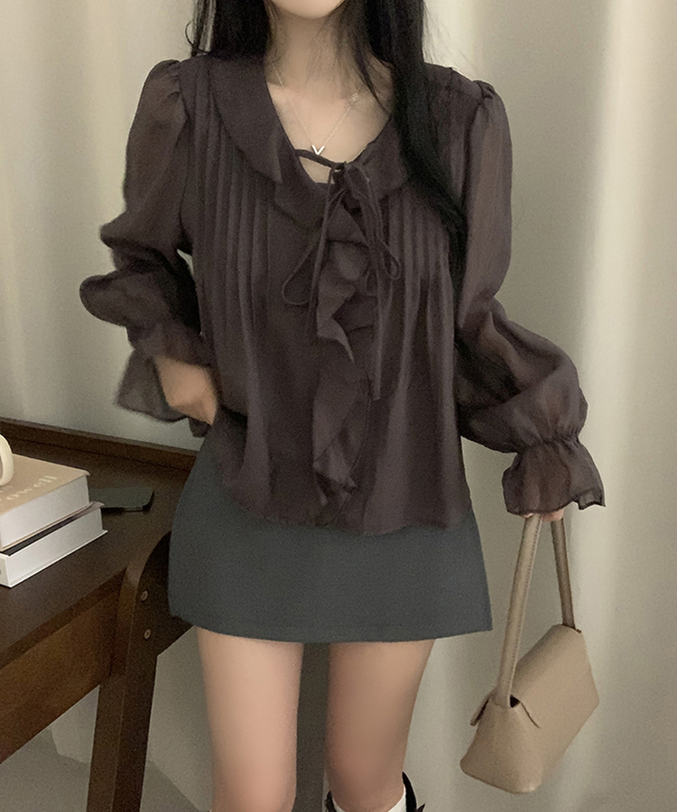 フリルリボンシフォンブラウス CHESTNUT BROWN