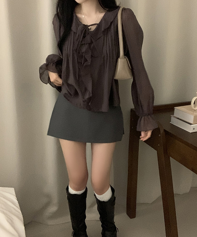 フリルリボンシフォンブラウス CHESTNUT BROWN