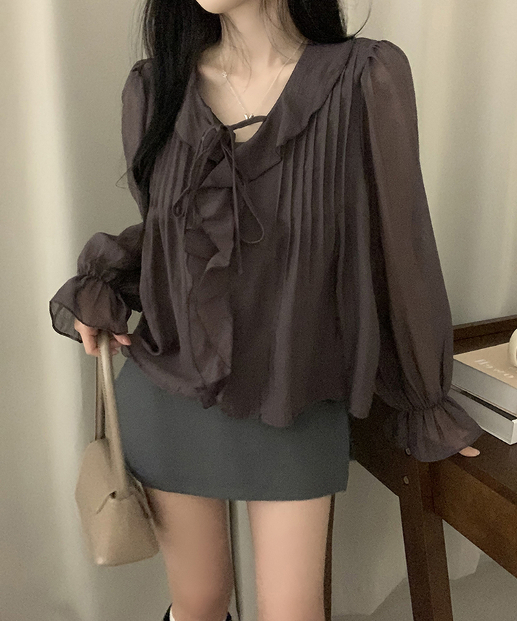 フリルリボンシフォンブラウス CHESTNUT BROWN