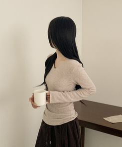 Vネックスリムフィット長袖Tシャツ(6color) OATMEAL