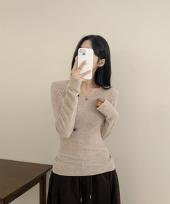 Vネックスリムフィット長袖Tシャツ(6color) OATMEAL