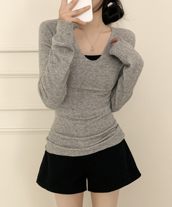 Vネックスリムフィット長袖Tシャツ(6color) GREY