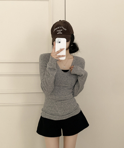 Vネックスリムフィット長袖Tシャツ(6color) GREY