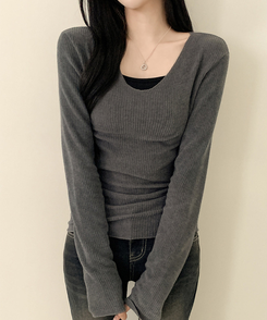 Vネックスリムフィット長袖Tシャツ(6color) CHARCOAL