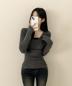 Vネックスリムフィット長袖Tシャツ(6color) CHARCOAL