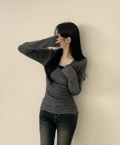 Vネックスリムフィット長袖Tシャツ(6color) CHARCOAL