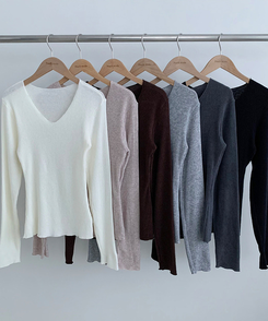 Vネックスリムフィット長袖Tシャツ(6color)