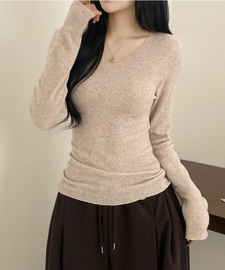 Vネックスリムフィット長袖Tシャツ(6color) OATMEAL