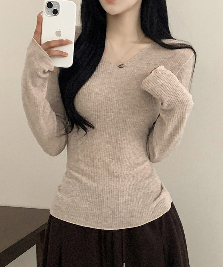 Vネックスリムフィット長袖Tシャツ(6color) OATMEAL