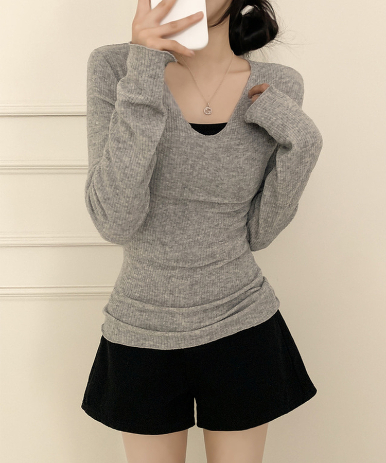 Vネックスリムフィット長袖Tシャツ(6color) GREY