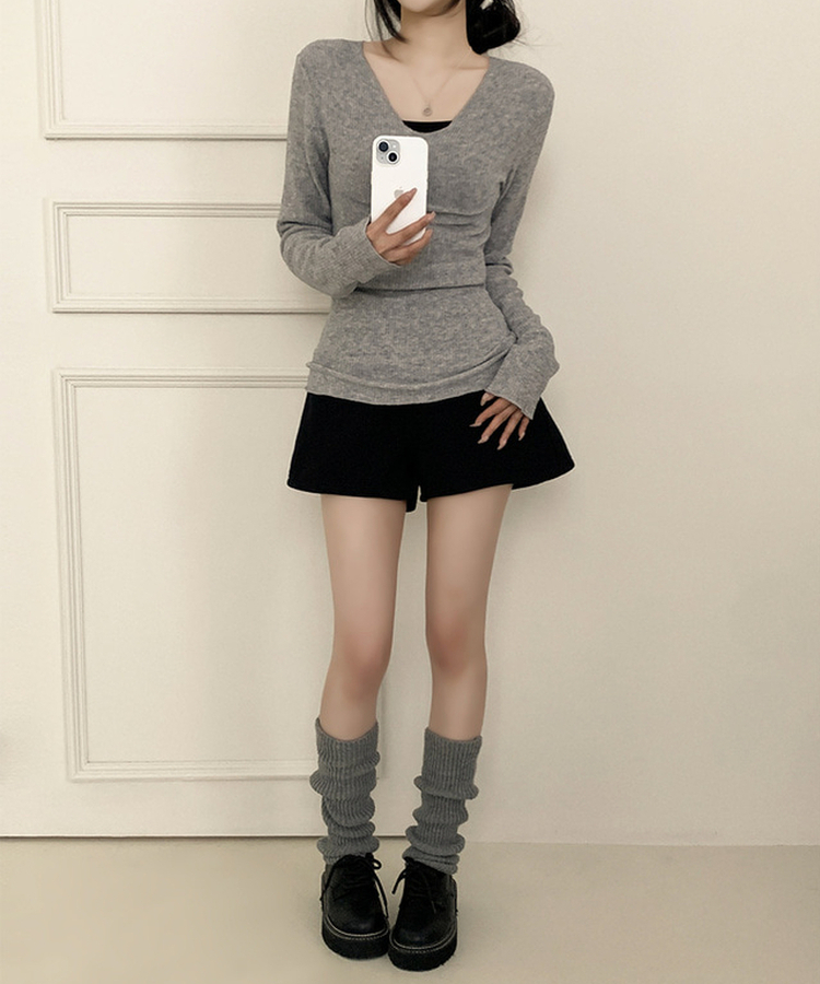 Vネックスリムフィット長袖Tシャツ(6color) GREY