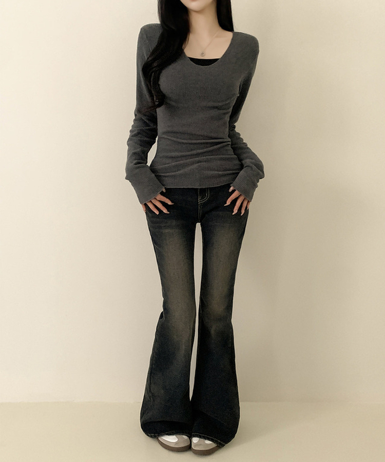 Vネックスリムフィット長袖Tシャツ(6color) CHARCOAL