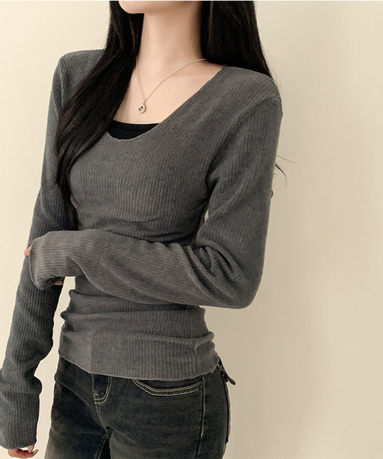 Vネックスリムフィット長袖Tシャツ(6color) CHARCOAL