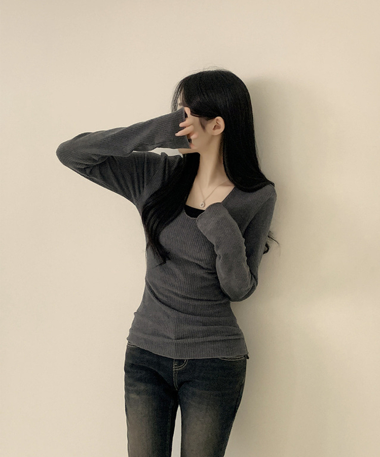 Vネックスリムフィット長袖Tシャツ(6color) CHARCOAL