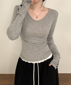 Vネック袖ボタン長袖Tシャツ(7color) MELANGE