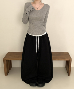 Vネック袖ボタン長袖Tシャツ(7color) MELANGE