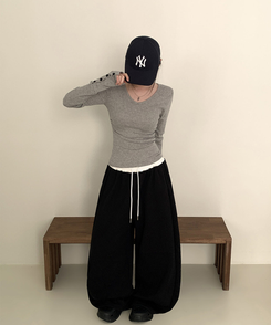 Vネック袖ボタン長袖Tシャツ(7color) MELANGE