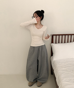 Vネック袖ボタン長袖Tシャツ(7color) CREAM