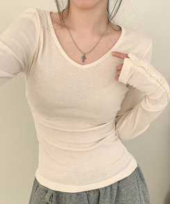 Vネック袖ボタン長袖Tシャツ(7color) CREAM