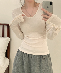 Vネック袖ボタン長袖Tシャツ(7color) CREAM