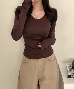 Vネック袖ボタン長袖Tシャツ(7color) BROWN